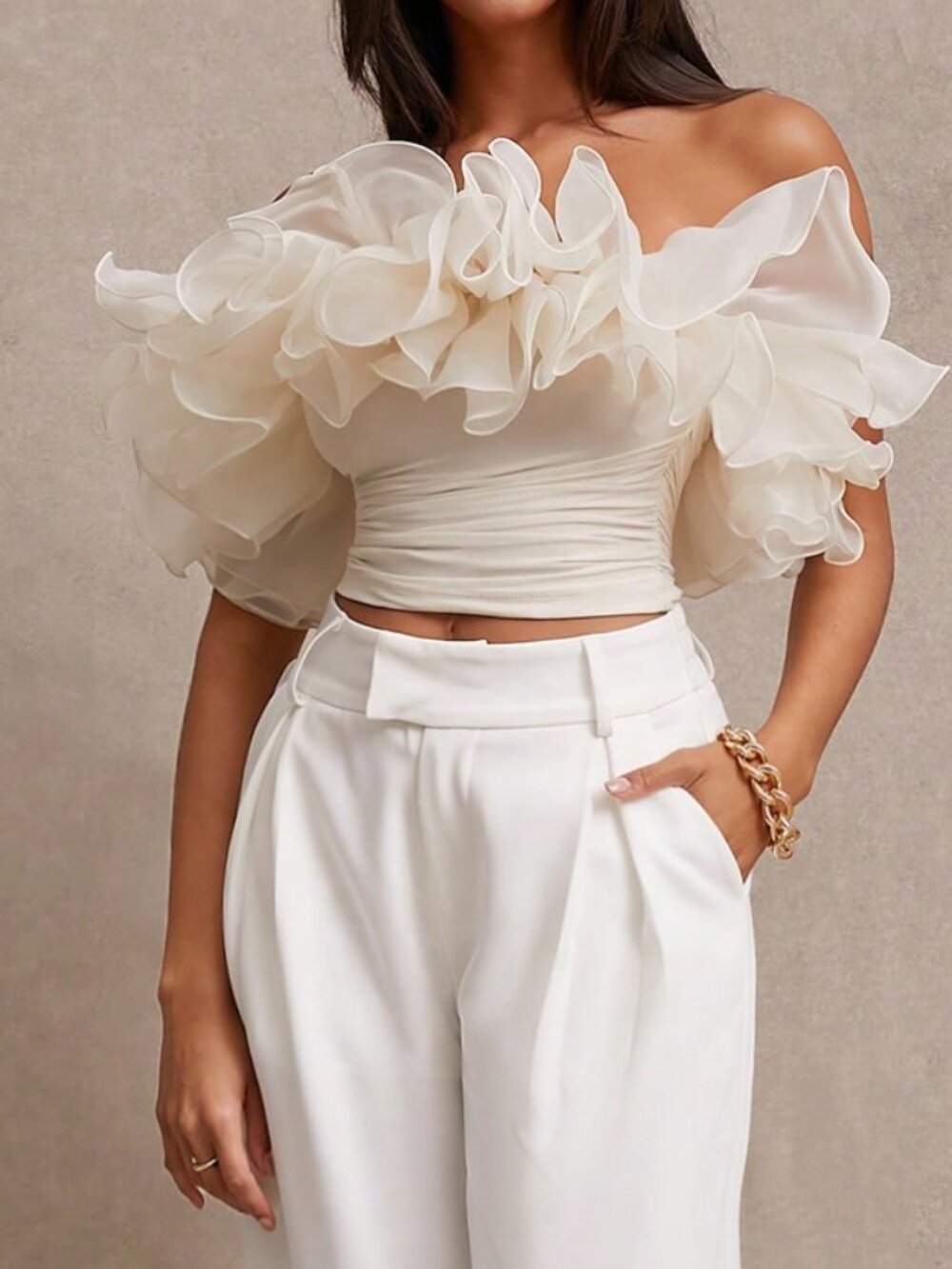 Apricot Elegant Women's Exaggerated Ruffle Trim Bandeau Top - Picture 3 of 4